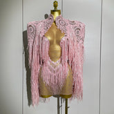 2025New Arrival Luxury Sparkly Rhinestone Sequin Tassel Coat Skirt 2Pcs Women Birthday Party Nightclub Stage Performance Costume